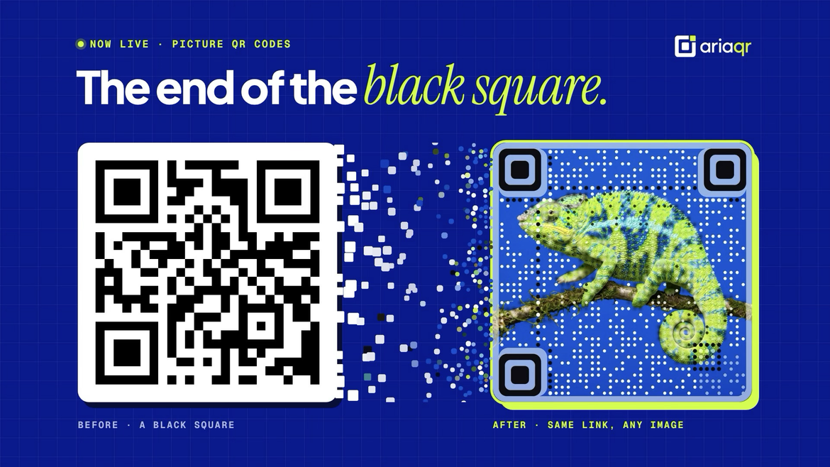 On a cobalt background, a plain black-and-white QR code on the left breaks apart into square pixels that turn into coloured dots and reassemble on the right as a QR code made from a photo of a lime-green chameleon. Headline: "The end of the black square."